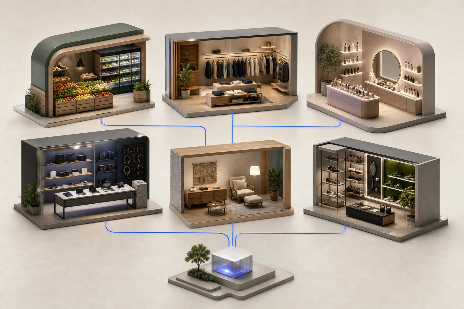 Different retail businesses connected through one commerce operating system